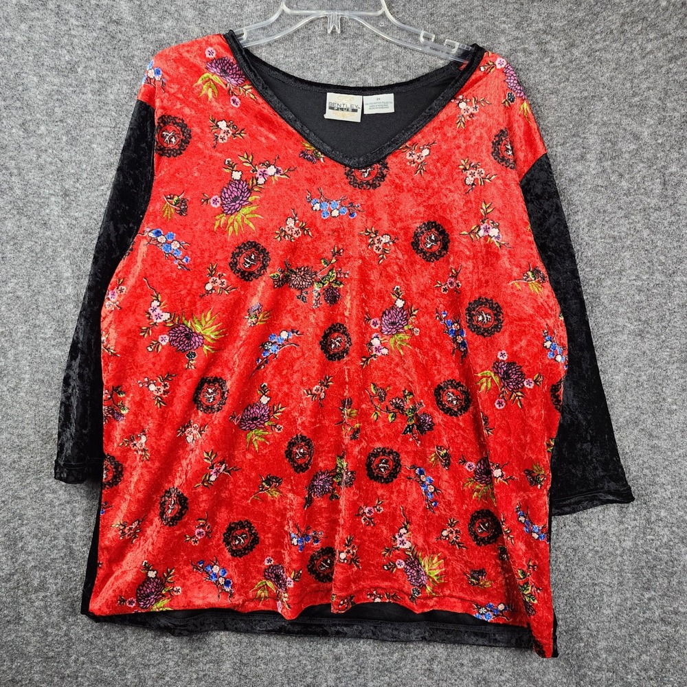 Bentley Plus Blouse Womens 2X Red Floral Crushed Velvet V-Neck 3/4 Sleeve‎ Tunic